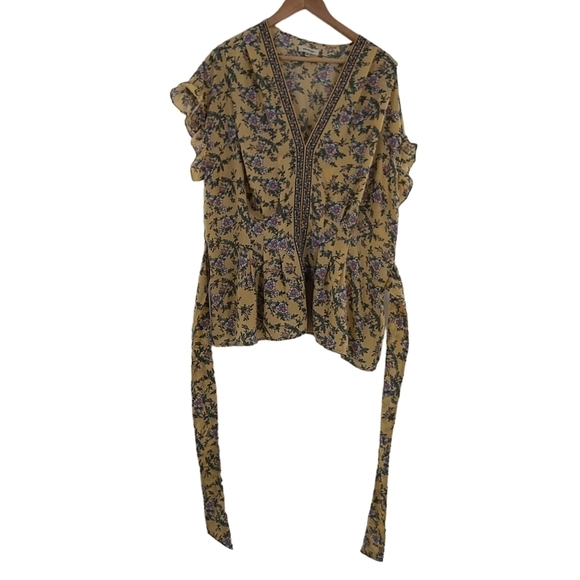 Max Studio Top Tie Front Yellow Blouse Short Sleeve Floral Shirt Size 3X. - Picture 8 of 10